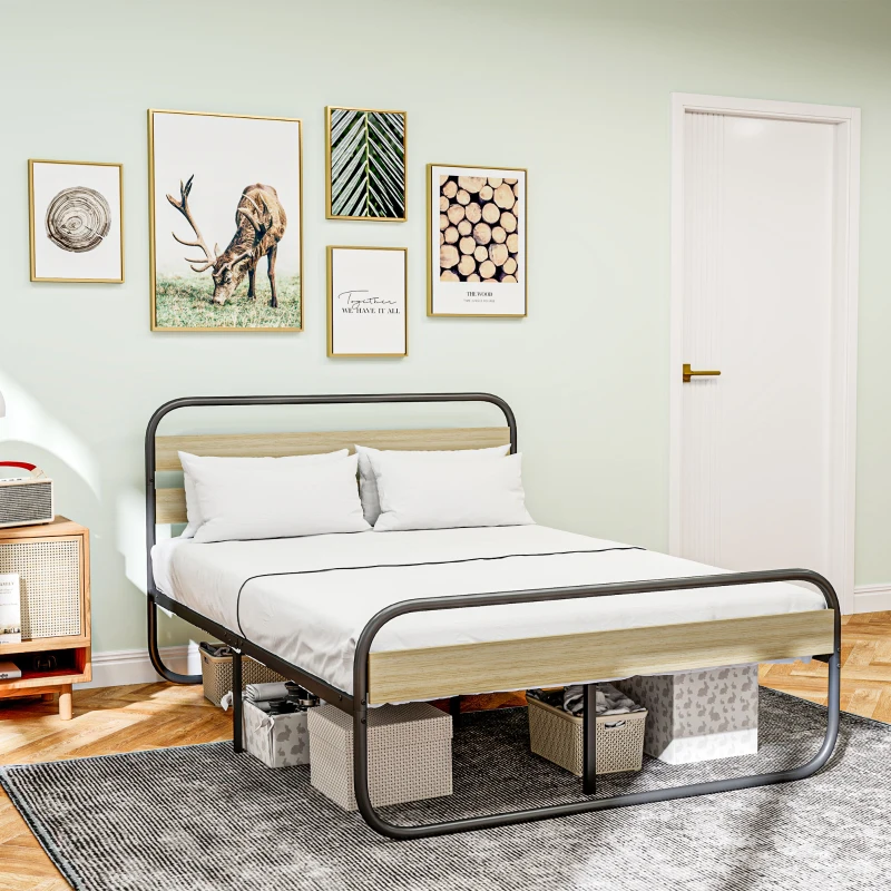 HOMCOM Lit double 140 x 190 cm, cadre de lit en acier style industriel, tête de lit et sommier inclus, aspect bois