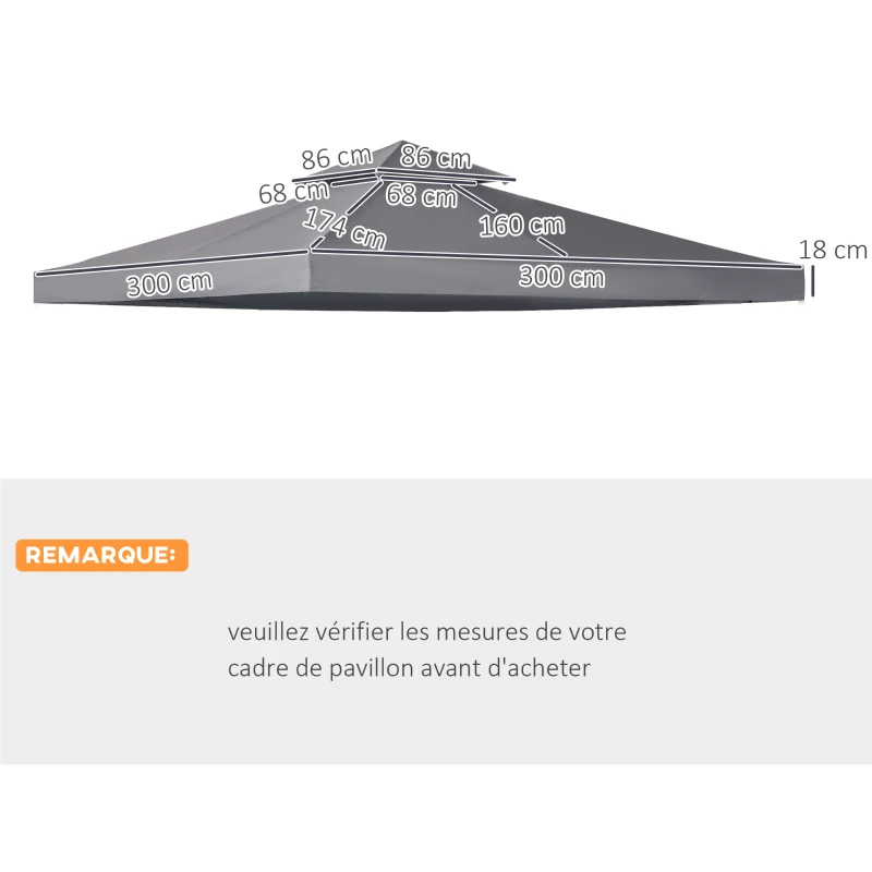 Outsunny Toit de Remplacement pour pavillon de Jardin Toile de Rechange pour pavillon tonnelle Tente 3 x 3 m Gris