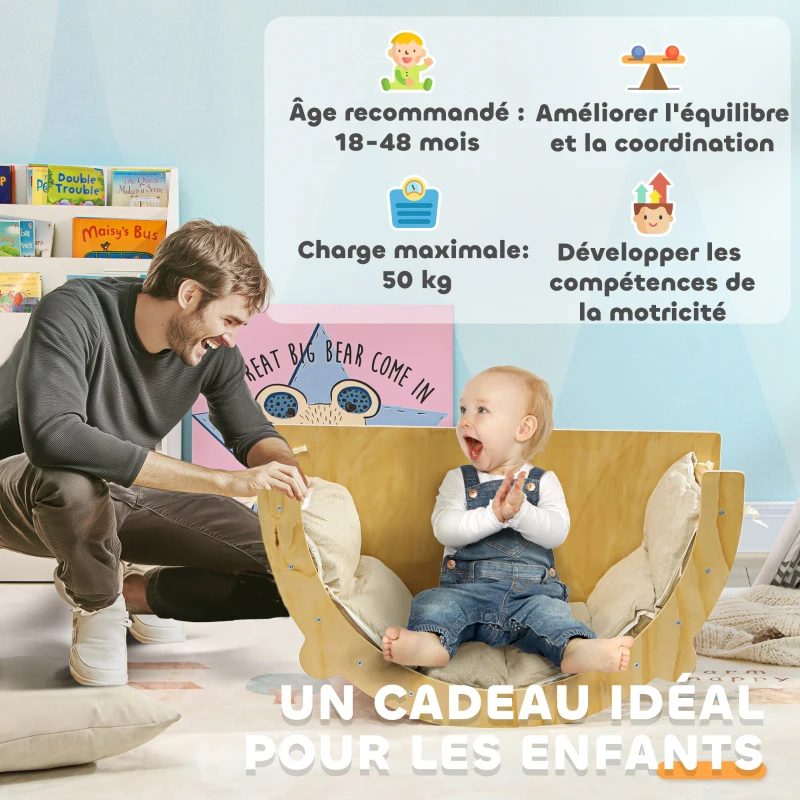 AIYAPLAY 3 en 1 Arche d'escalade fauteuil à bascule et table de jeu coussin, en bois naturel, pour enfants de 18 à 48 mois
