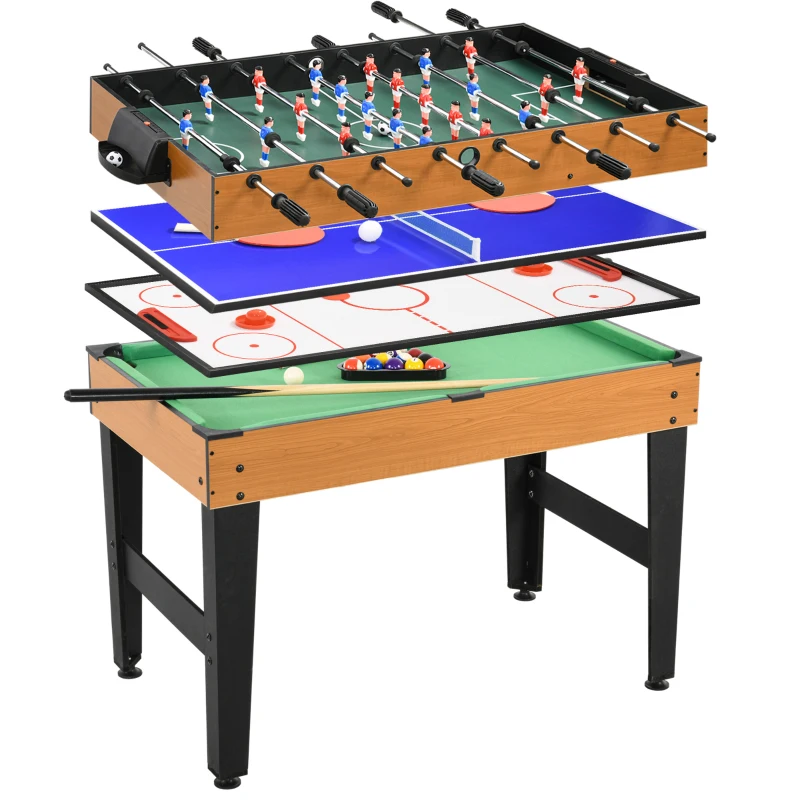 HOMCOM Table de jeu 4-en-1 incluant ping-pong, baby-foot, billard, hockey sur table, en métal, bois, naturel et noir