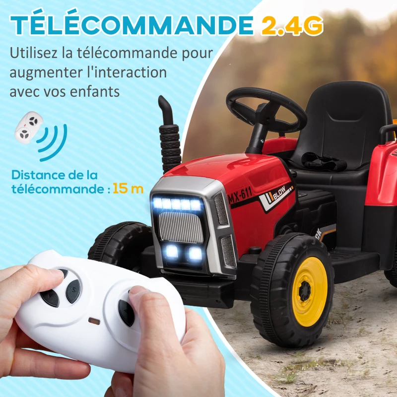 HOMCOM Tracteur électrique avec remorque amovible, pour enfants de 3 à 6 ans avec télécommande MP3 musique affichage lumières