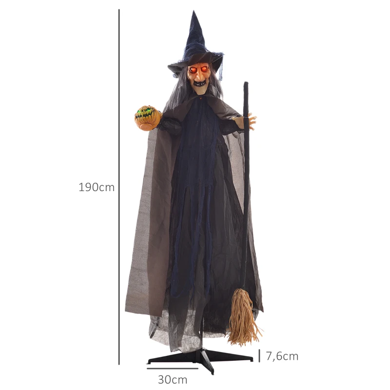 HOMCOM Halloweendekoration Hexe mit Besen, leuchtende Augen, gruselige Geräusche, biegsame Arme, 107x65x190 cm(m-3)