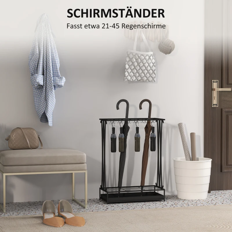 HOMCOM Stojak na parasole z wyjmowaną tacką ociekową, 21 otworów i 24 haczyki, Stal, Czarny