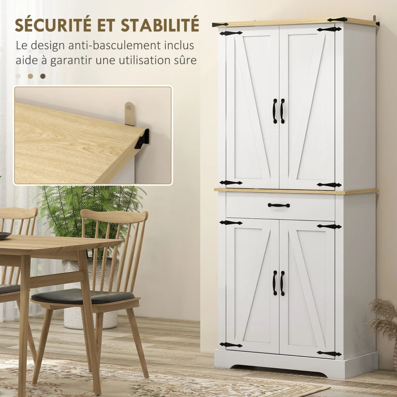 HOMCOM Armoire de cuisine buffet cuisine, 4 portes, 6 étagères à porte,1 tiroir et étagères réglables 76,5 x 40 x 181 cm blanc