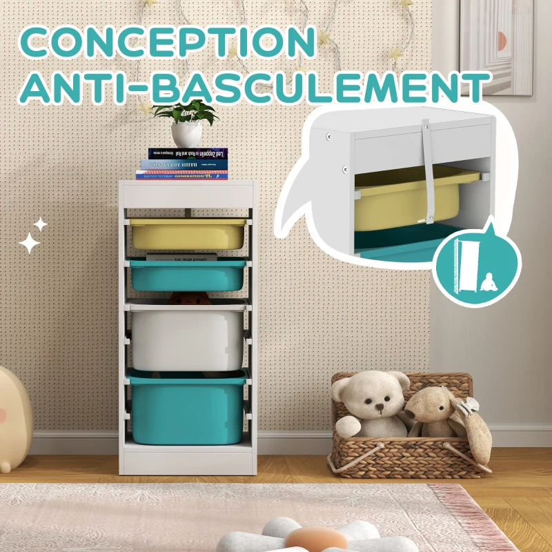 AIYAPLAY Meuble de rangement pour enfant, rangement jouets enfant, avec 4 boîte de rangement, 40,8L x 30l x 90,3H cm, blanc