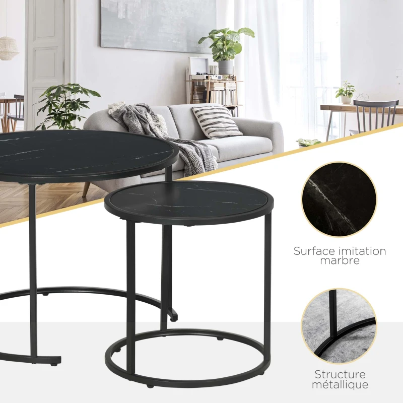 HOMCOM Lot de 2 Tables Basses Rondes gigogne empilables Plateau en bois aspect marbre et Pieds en métal Noir
