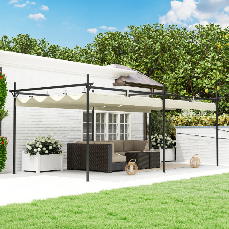 Outsunny Pérgola com Teto Retrátil de Alumínio 588x297x230 cm Pérgola com Tecido de Poliéster Anti UV Pérgola de Jardim Creme