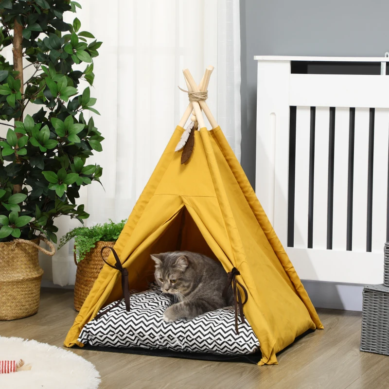 PawHut Tierbett, drolliges Tipi-Design, mit weichem Liegekissen, Bodenmatte, für Hunde und Katzen, 60 x 60 x 76 cm