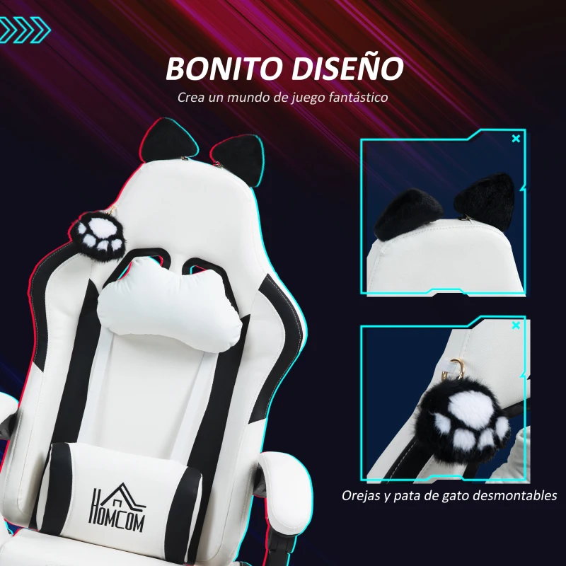 HOMCOM Silla Gamer Reclinable con Altura Ajustable Reposapiés Retráctil Soporte Lumbar y Reposacabezas Desmontable Blanco