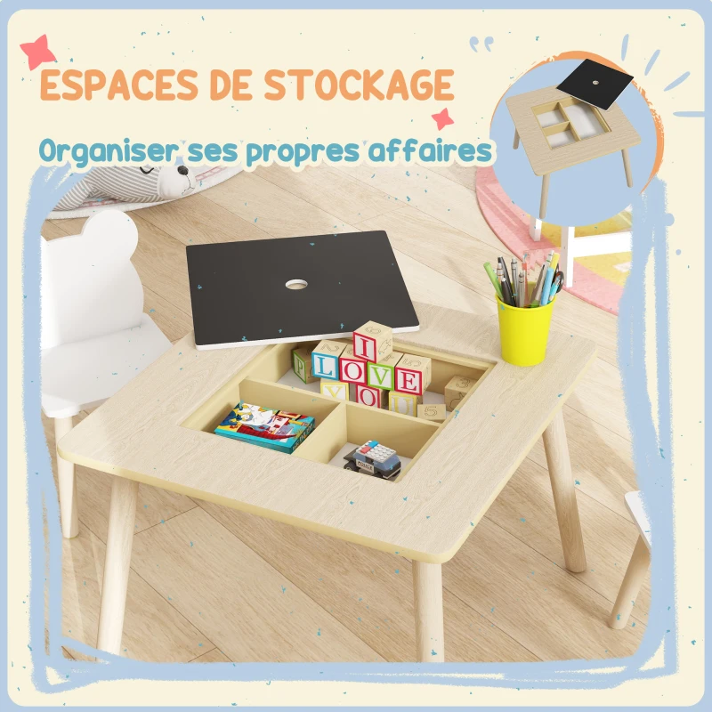 AIYAPLAY Ensemble 1 table et 2 chaise 3 pièces pour enfants avec plateau réversible espace de rangement bois naturel