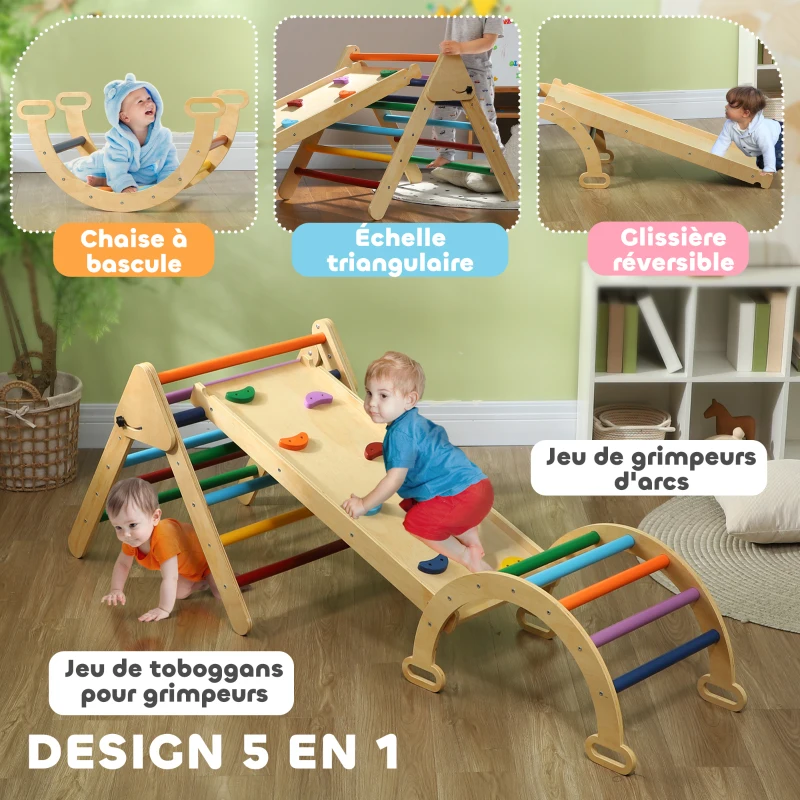 AIYAPLAY 5 en 1 Triangle arche d'escalade enfants avec rampe d'escalade réversible toboggan bascule multicolore