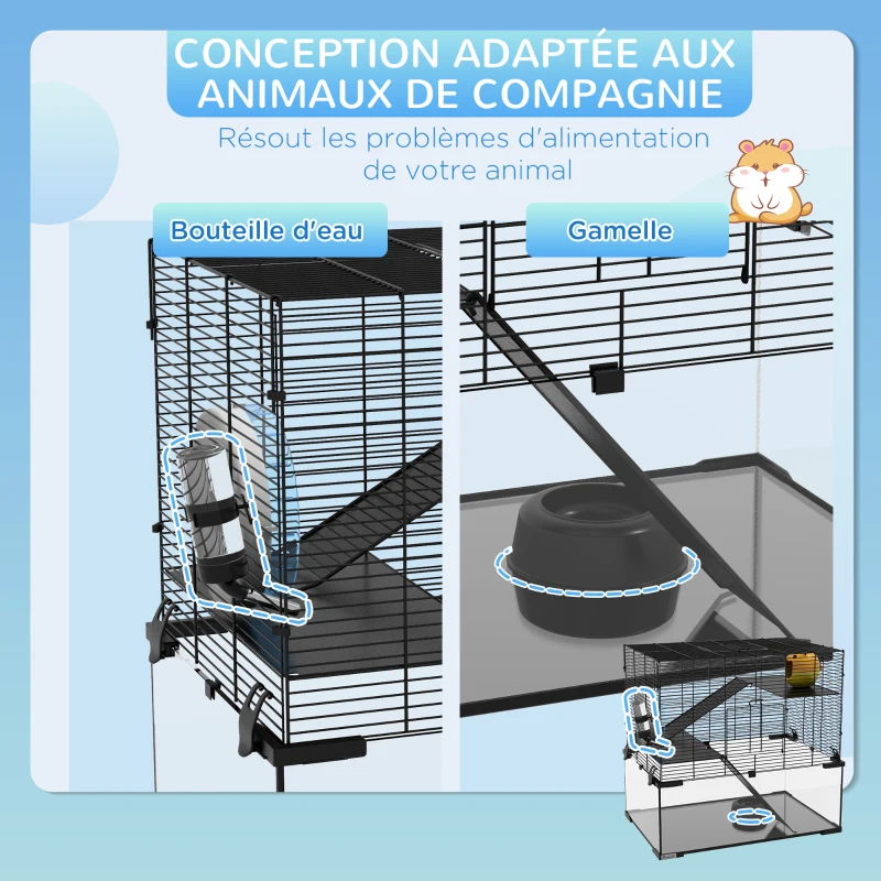 PawHut Cage hamster cage rongeur 3 niveaux avec roue rampes maisonnette abreuvoir mangeoire 60L x 40l x 54,5H cm noir