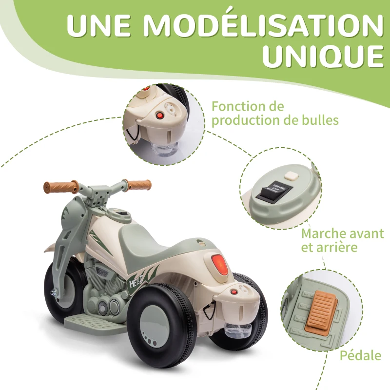 AIYAPLAY Moto électrique enfants 2-5 ans, 3 roues, 6 V, 3 km/h, avec fonction de bulles, effets lumineux et sonores, blanc crème