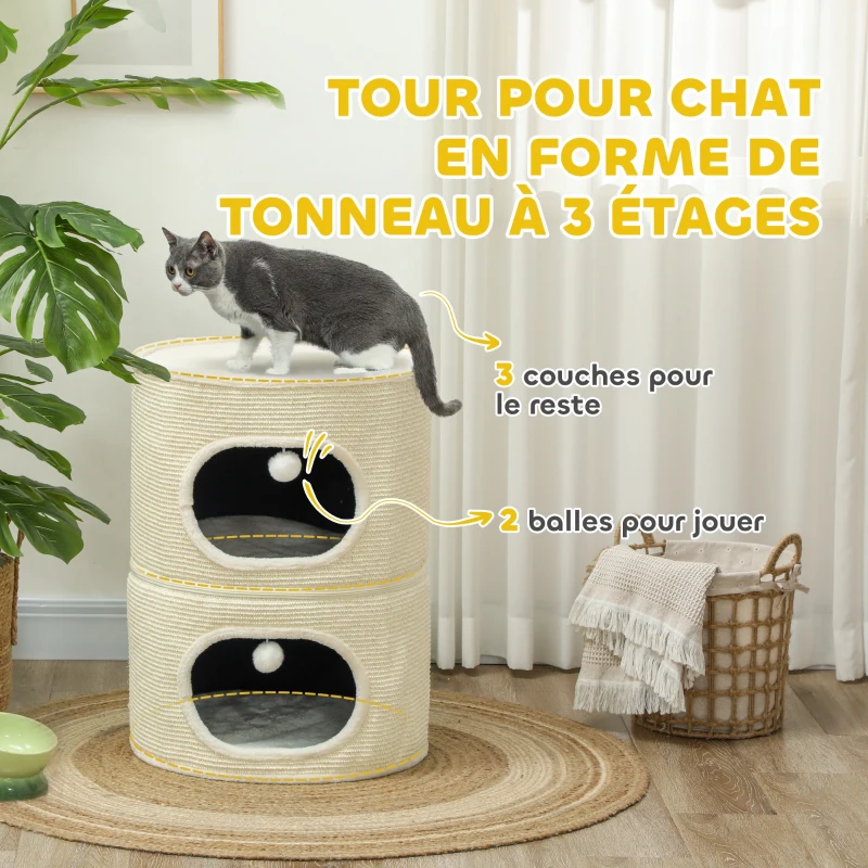 PawHut Tour pour chat modulable tonneau griffoir chat fermeture éclair séparable 3 niveaux tapis de grattage Ø 51 x 69 cm crème