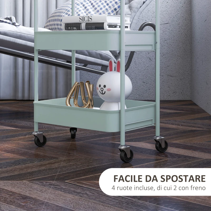 HOMCOM Carrello da Cucina a 3 Livelli con Maniglie e 4 Rotelle, in Acciaio, 45x30.6x79 cm, Azzurro
