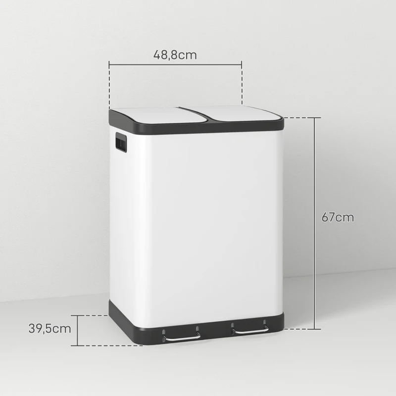 HOMCOM Poubelle de cuisine 2 x 30L avec pédale en acier inoxydable, 2 compartiments, couvercle à fermeture douce, 60L, blanc