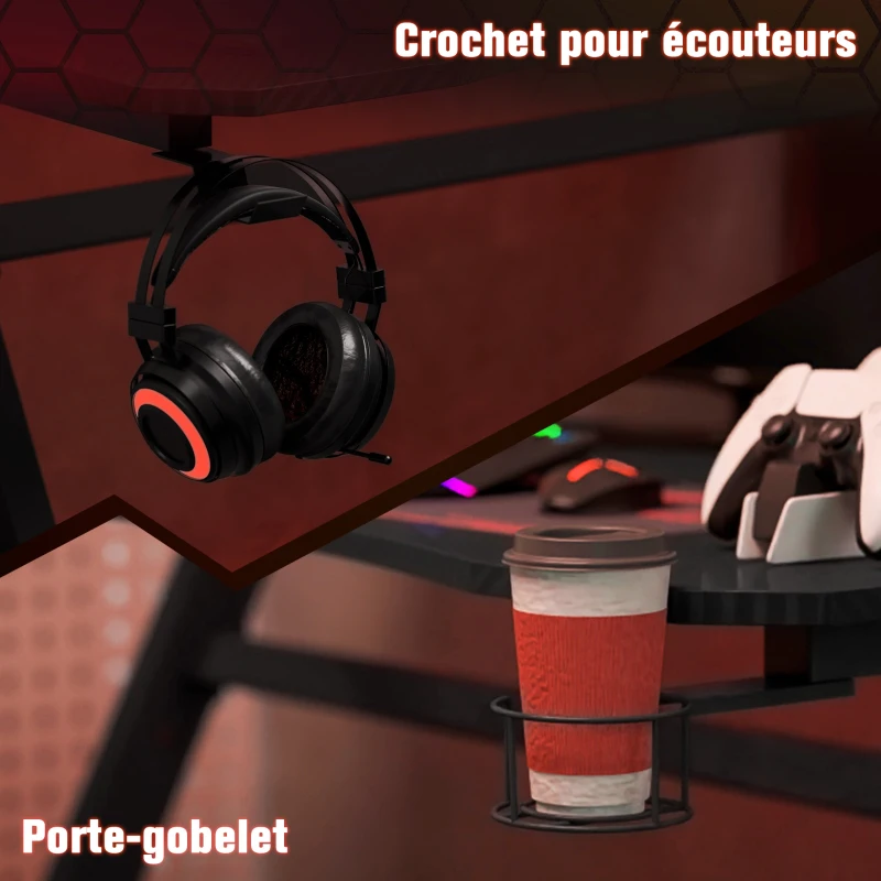 HOMCOM Bureau gaming avec support casque porte-gobelet passe-câbles inclus, pieds réglables, cadre en acier et bois, noir