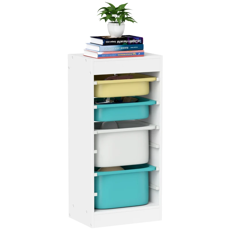 AIYAPLAY Meuble de rangement pour enfant, rangement jouets enfant, avec 4 boîte de rangement, 40,8L x 30l x 90,3H cm, blanc