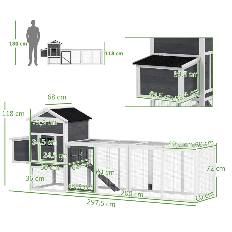 PawHut Galinheiro de Madeira 297,5x68x118cm para 3-6 Galinhas com Teto Asfáltico Porta com Trava e Caixa Ninho Branco e Cinza