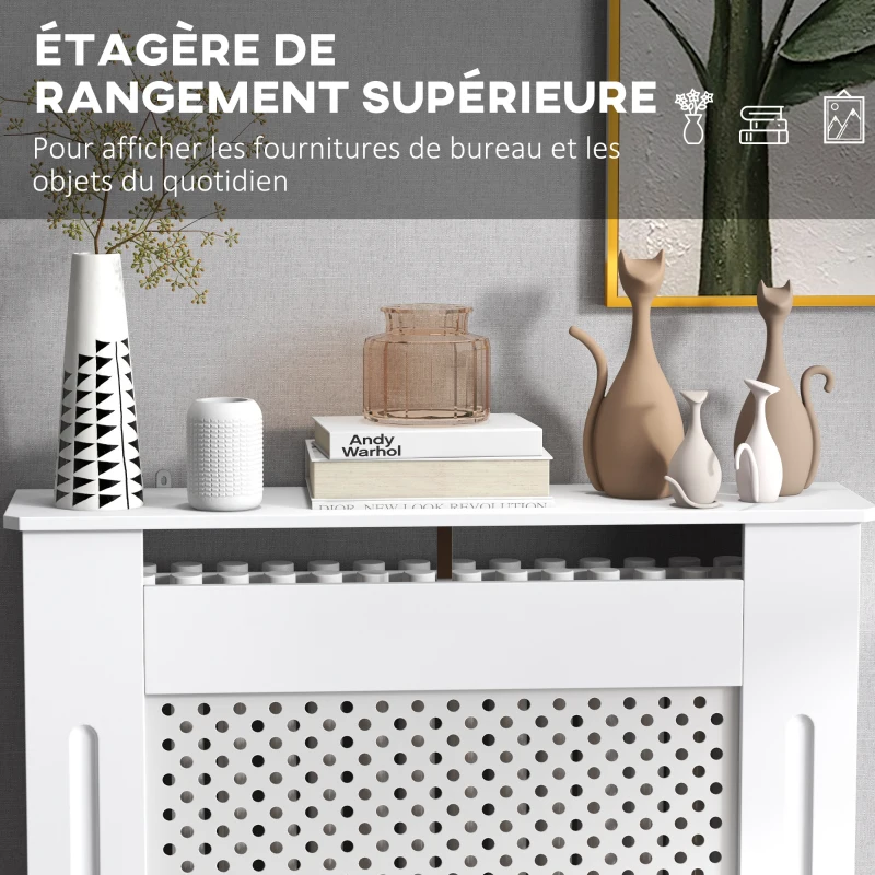 HOMCOM Cache-radiateur, couvercle de radiateur, couverture radiateur, grille ronde, 78L x 19l x 82H cm en bois blanc