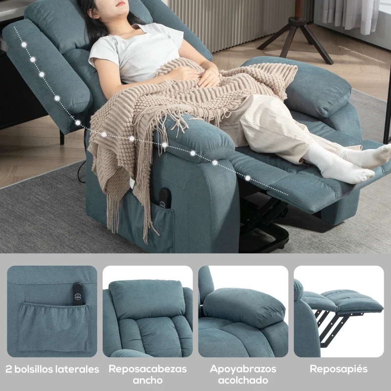 HOMCOM Sillón Relax Reclinable Eléctrico Levanta Personas con Mando a Distancia y Bolsillos Laterales Sillón Elevador Azul