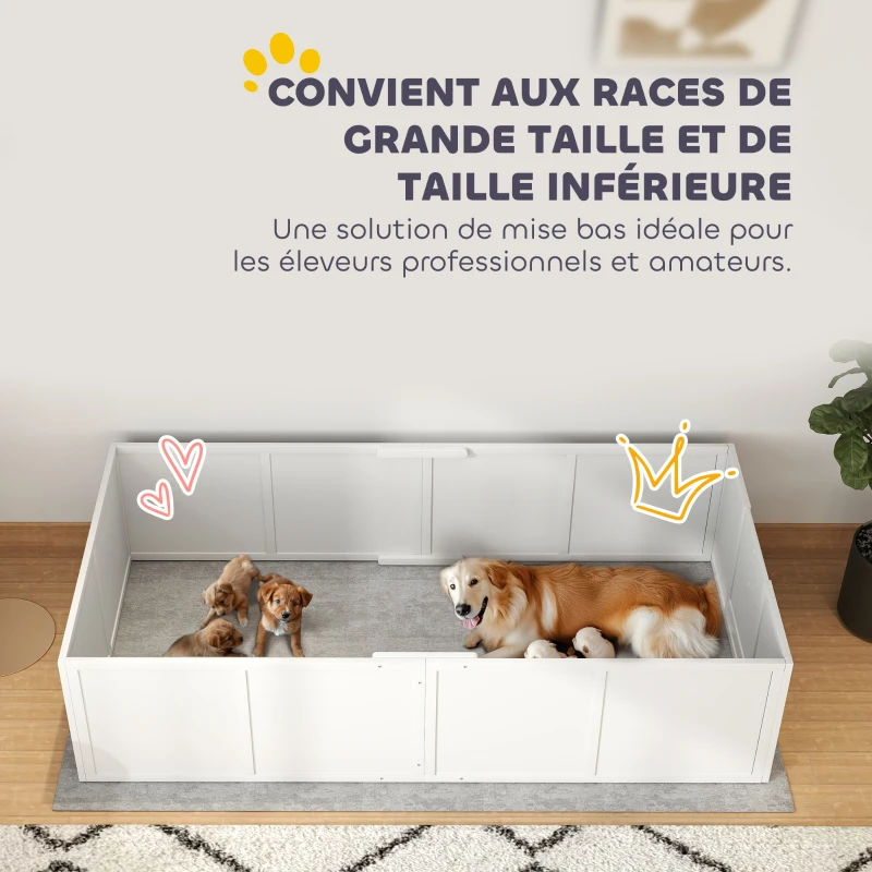 PawHut Boîte de mise bas pour chiens chiots, parc mise bas avec porte à hauteur réglable, pour grands chiens, 196 x 96 x 48 cm