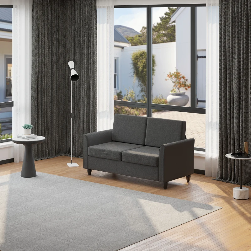 HOMCOM Divano a 2 Posti a Seduta Ampia con Cuscini Rimovibili da Salotto in Tessuto Effetto Lino e Gommapiuma, 141x70x78 cm, Grigio scuro e Nero