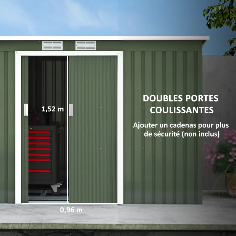 Outsunny Abri de Jardin 3,6 m² Remise à Outils avec kit de fondation en Acier galvanisé avec Portes coulissantes Vert clair(m-5)