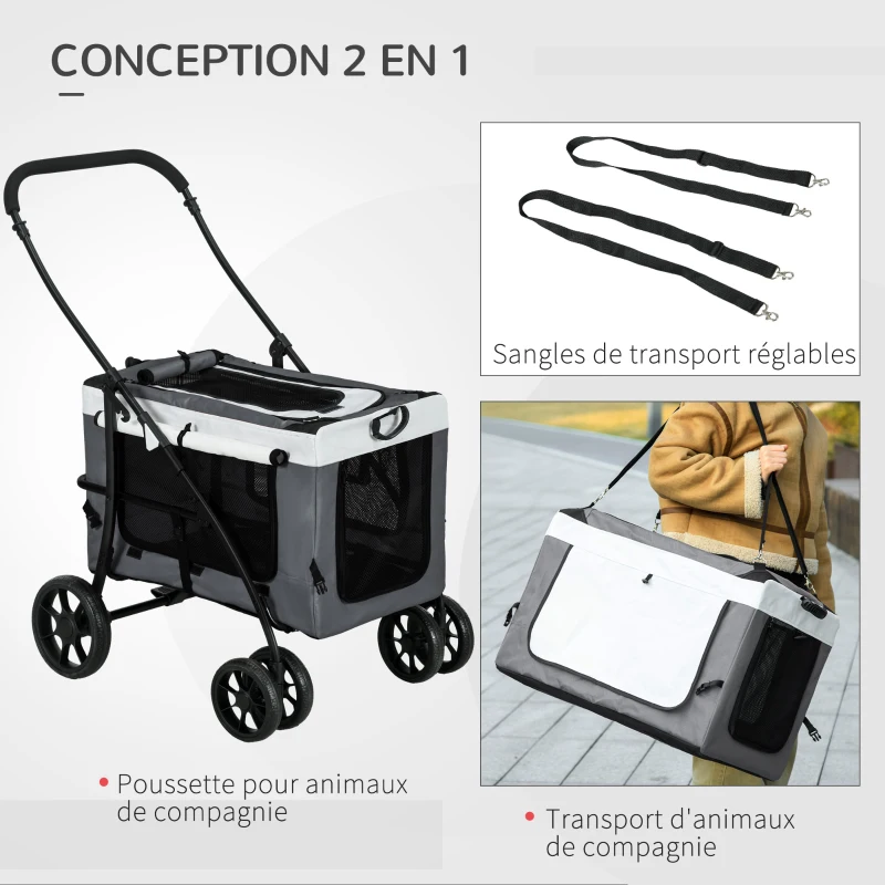 PawHut Poussette pliable animaux chien chat nacelle amovible bandoulières 4 roues 81 x 58 x 97,5 cm gris