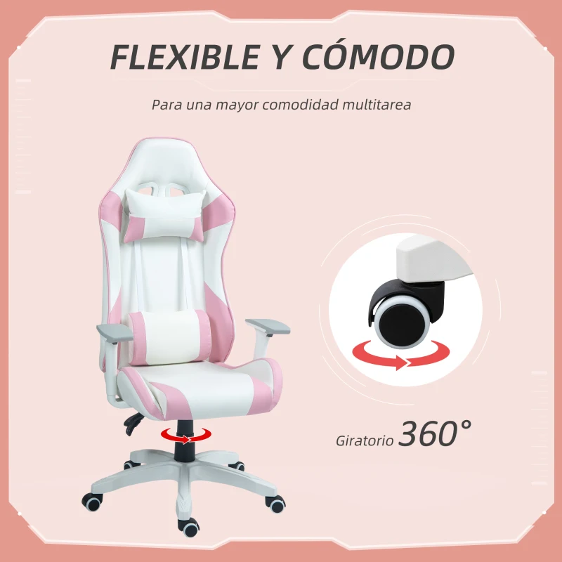 HOMCOM Silla Gamer con Cojín Lumbar Reposabrazos Ajustable Reposacabezas Extraíble y Altura Ajustable 67x60x120-128 cm Rosa