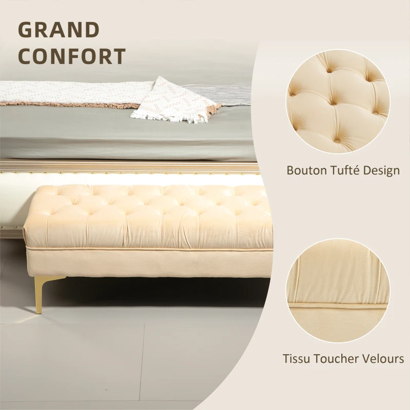 HOMCOM Banc banquette capitonnée bout de lit style classique chic dim. 118L x 45l x 42H cm piètement métal doré velours beige
