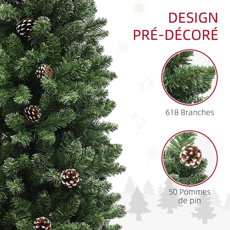 HOMCOM Sapin de Noël artificiel 180 cm arbre de Noël Slim avec support en acier pliable, 618 branches épines, vert