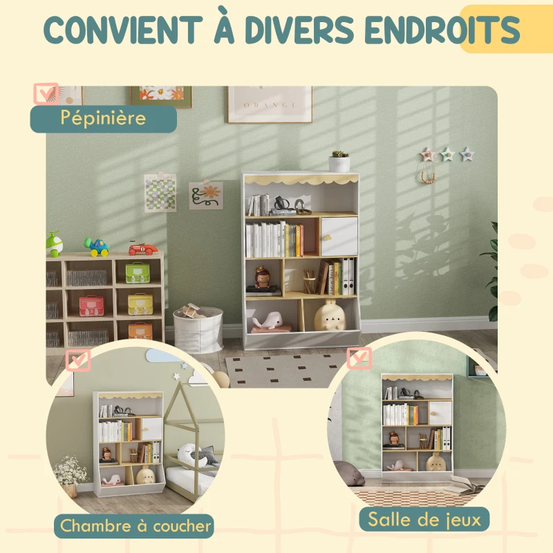 AIYAPLAY Bibliothèque enfant rangement livre enfant meuble de rangement pour jouets avec 4 étagères, 2 casiers et placard
