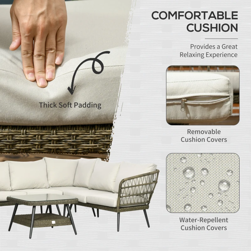 Outsunny 5 Pieces Outdoor Rattan Corner Sofa, Round and Twin Half-round Wicker Woven Rattan Garden Furniture w/ Thick Padded Cushions and Tempered Glass Top Two-tier Table, Grey