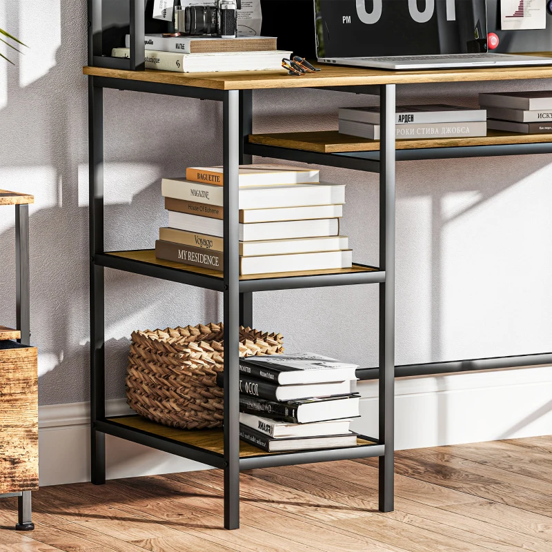 HOMCOM Schreibtisch mit Stauraum, Computer-Schreibtisch mit 4 Regalen, großer Arbeitsplatte und schwarzer Tafel, Braun