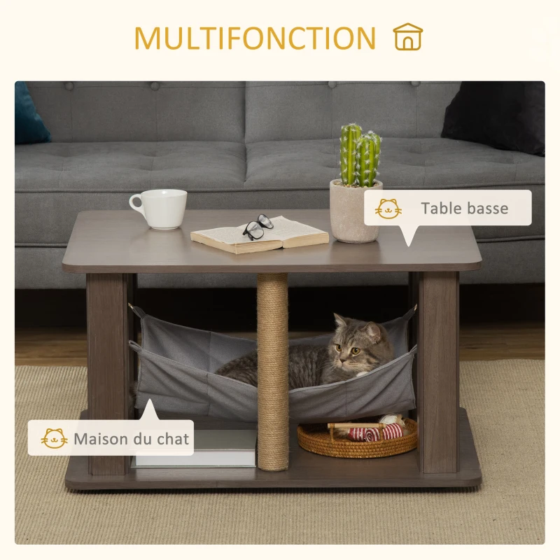 PawHut Table d'appoint pour chat maison chat meuble chat table d'appoint centre d'activités avec hamac et griffoirs - 79 x 59 x 45,5 cm gris