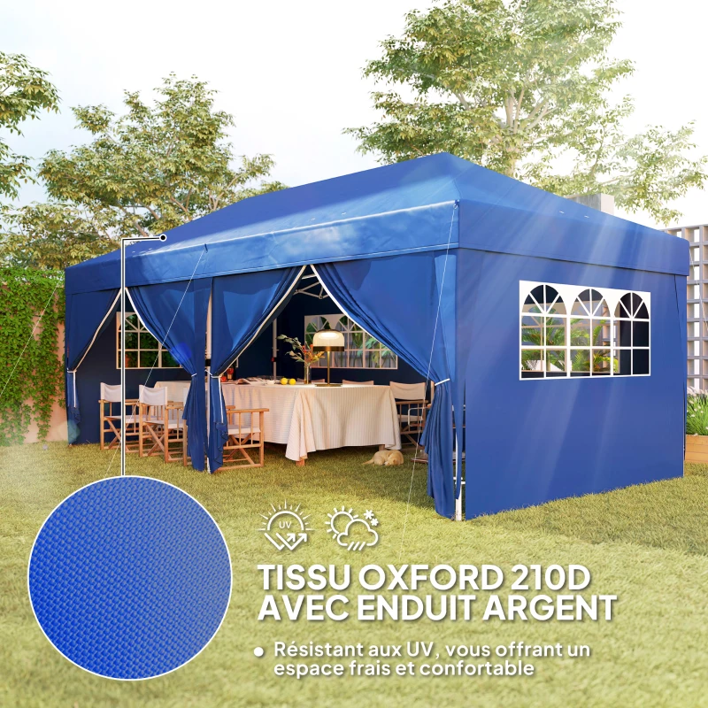 Outsunny Tonnelle de jardin exterieur tonnelle pliante 3 x 6 m avec 6 parois latérales, sac de transport inclus, bleu