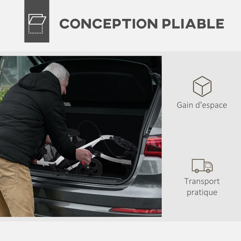 HOMCOM Déambulateur pliant à roulettes cadre de marche léger, sac de rangement, plateau, freins, hauteur de poignée réglable