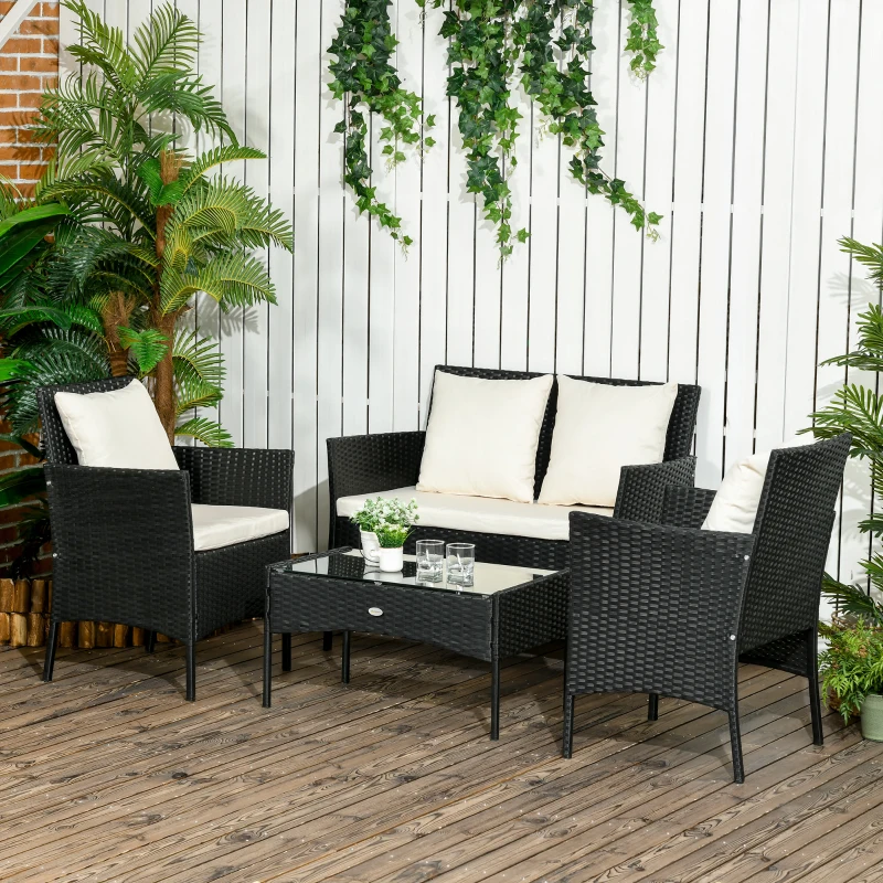 Outsunny Conjunto de Jardín de Ratán Sintético con 2 Sillones 1 Sofá de 2 Plazas 1 Mesa de Centro y Cojines Negro y Crema