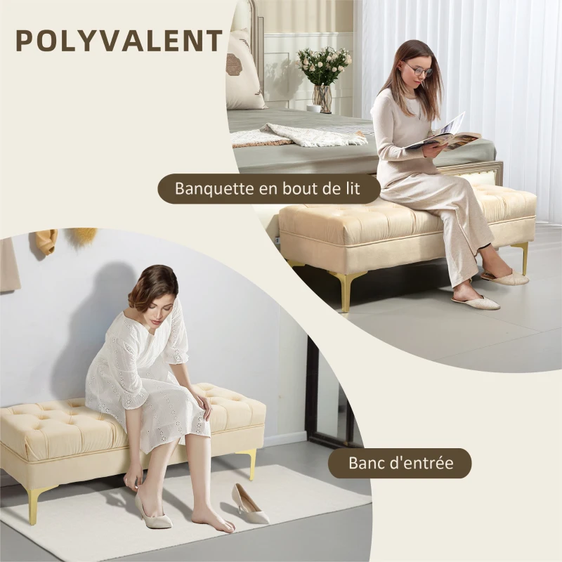 HOMCOM Banc banquette capitonnée bout de lit style classique chic dim. 118L x 45l x 42H cm piètement métal doré velours beige