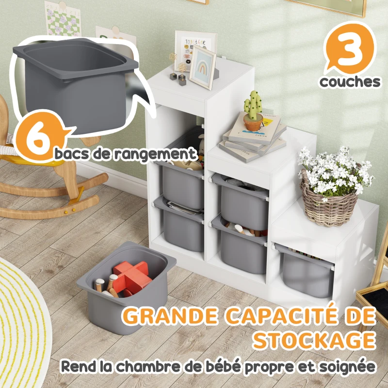AIYAPLAY Meuble de rangement pour jouets des enfants avec 6 bacs amovibles, 3 niveaux de rangement, 96 x 38,5 x 90, gris