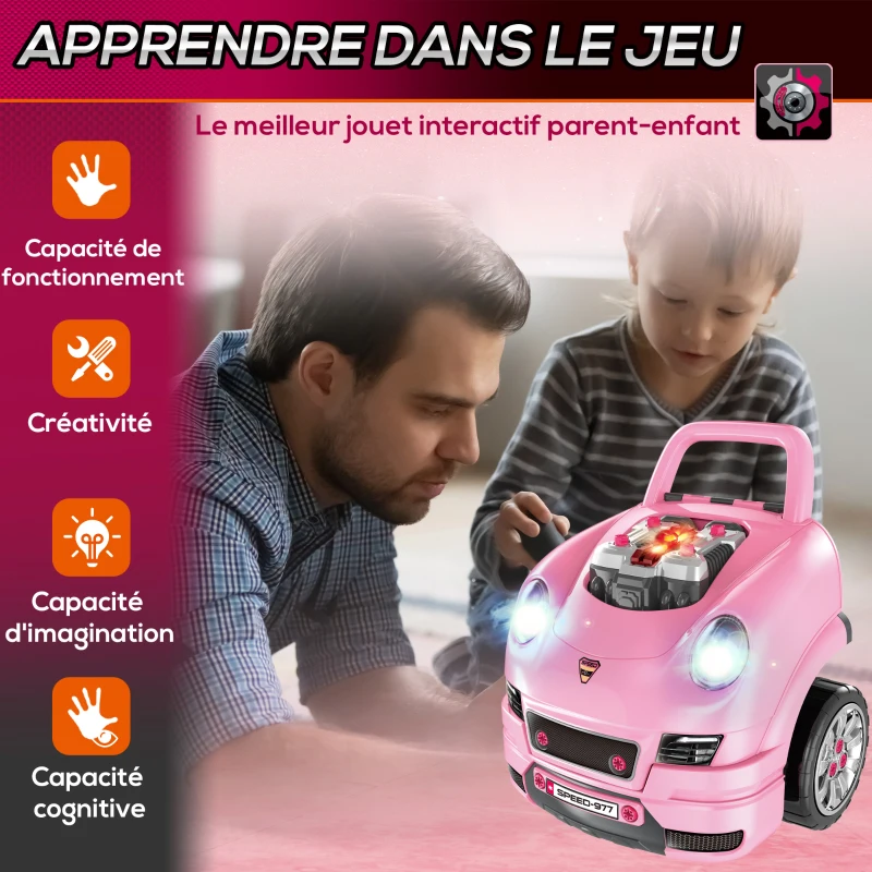 HOMCOM Camion mécano 2 en 1 jouet bricolage enfant jeu d'imitation mécanicien nombreux qccessoires total de 61 pièces rose