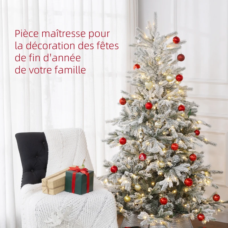 HOMCOM Sapin de Noël artificiel 180 cm arbre de Noël lumineux floqué enneigé avec lumière LED blanc chaud et 1321 pointes