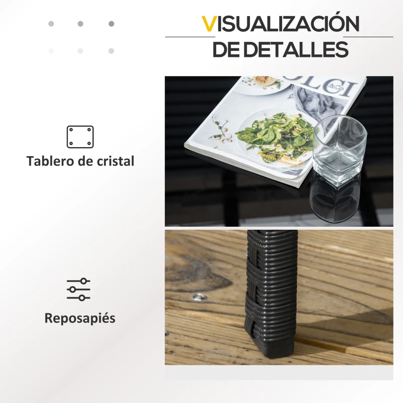 Outsunny Conjunto de Jardín de Ratán Sintético con 2 Sillones 1 Sofá Doble 1 Mesa de Centro con Encimera de Vidrio Negro y Crema