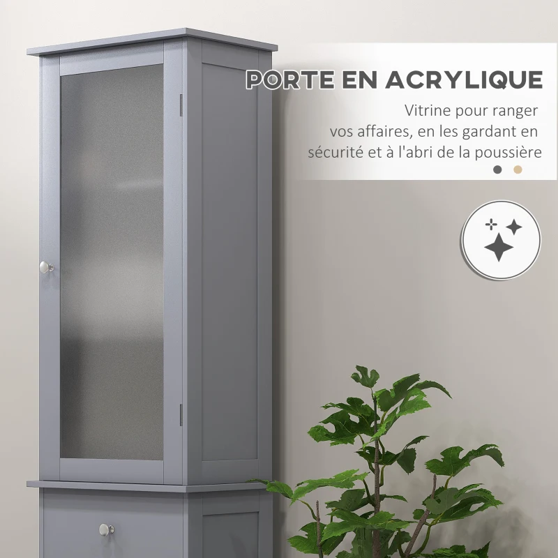 kleankin Meuble Colonne de Salle de Bain Placard Porte Acrylique 2 étagères Placard Porte 1 étagère tiroir MDF Gris