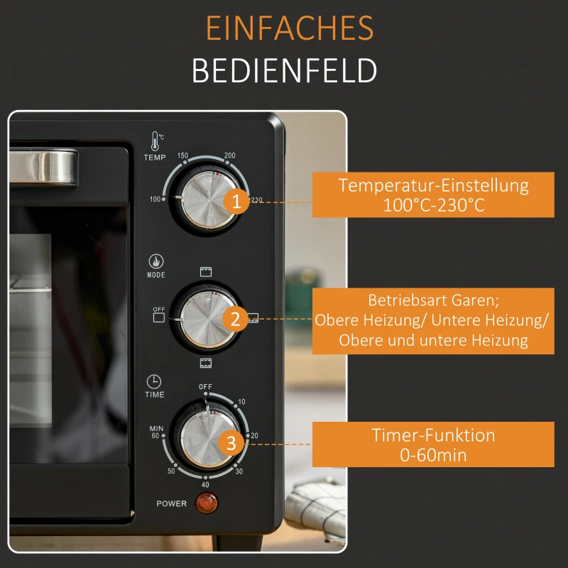 HOMCOM Minibackofen, 21 L Toasterofen mit 1 Drahtgestell und 1 Backblech, 3 Kochmodi, 100 °C-230 °C, Edelstahl, Glas, Schwarz