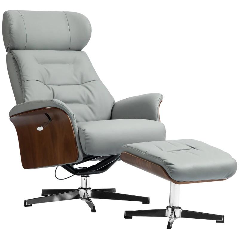 HOMCOM Fauteuil Relax avec Repose-Pieds, Fonction d'Inclinaison, Pivotant, Similicuir, jusqu'à 150 kg, Gris Clair