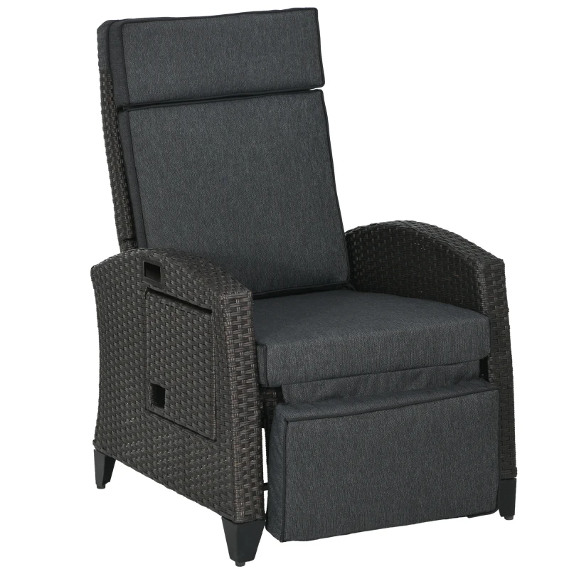Outsunny Outdoor Recliner Chair with Adjustable Backrest and Footrest, Cushion, Side Tray, Dark Grey/Brown