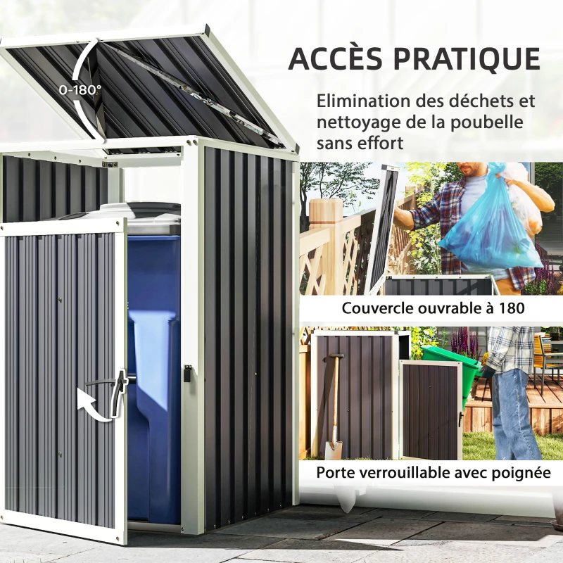 Outsunny Abri pour 1 poubelle 240L cache poubelle extérieur couvercle relevable 180° acier galvanisé 73 x 81 x 122 cm gris foncé