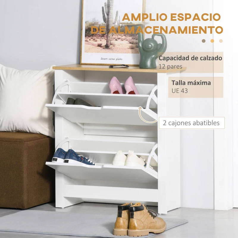 HOMCOM Zapatero de Entrada Recibidor con Cajones Abatibles y Estantes Ajustables para 12 Pares de Zapatos 72x26x80 cm Blanco(m-4)
